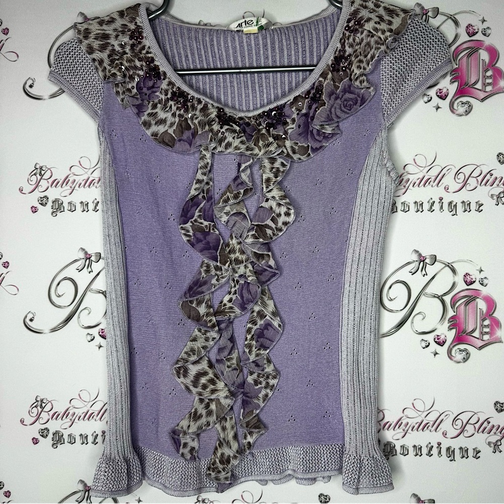 Arte shirt purple cheetah print beaded embroidery ruffle frills stretchy y2k